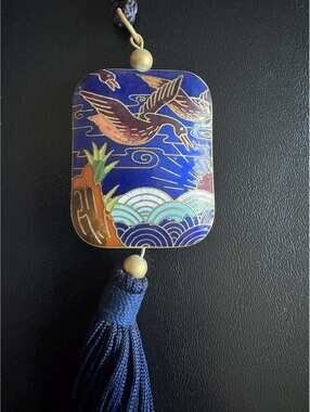 Vintage Cloisonné Necklace With Crane / Bird Design. Rope Detailing & Tassel.